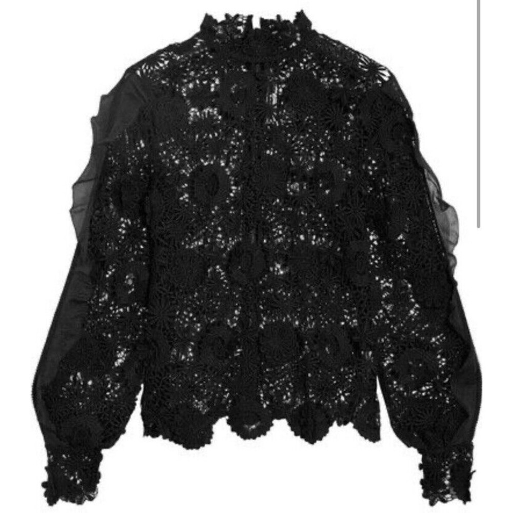 Self-Portrait Naia Chiffon-trimmed Guipure Lace Blouse -‎ Black Sz US 6